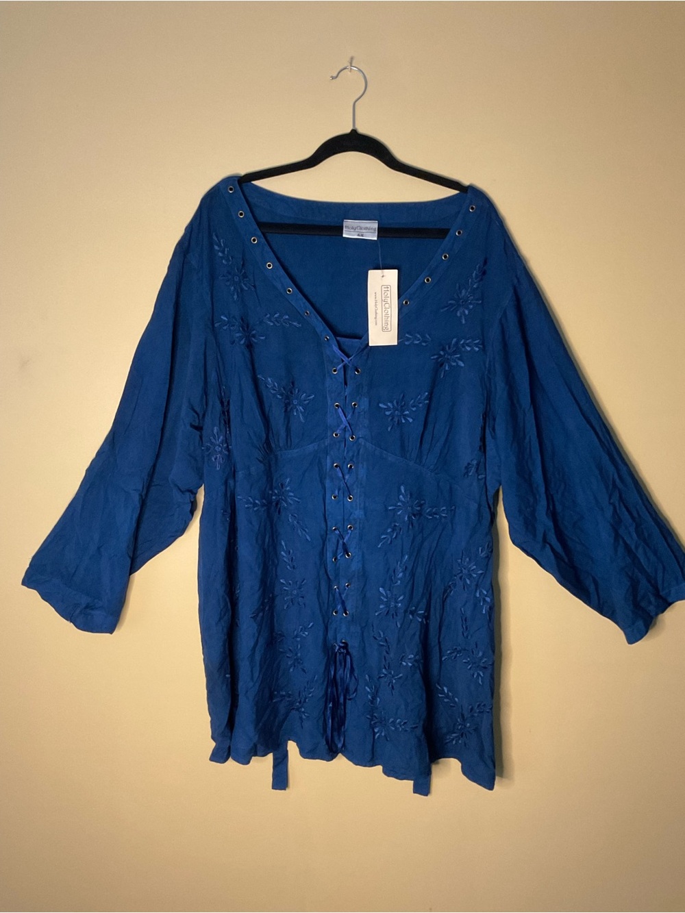 Holy Clothing Embroidered Lace-Up Tunic in Royal Blue